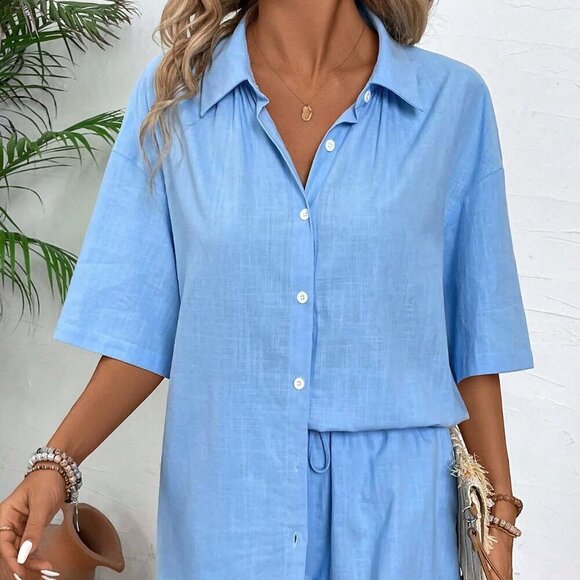Blue Casual Women's Leisure Solid Color Drop-Shoulder Shirt And And Shorts Set - Picture 6 of 7